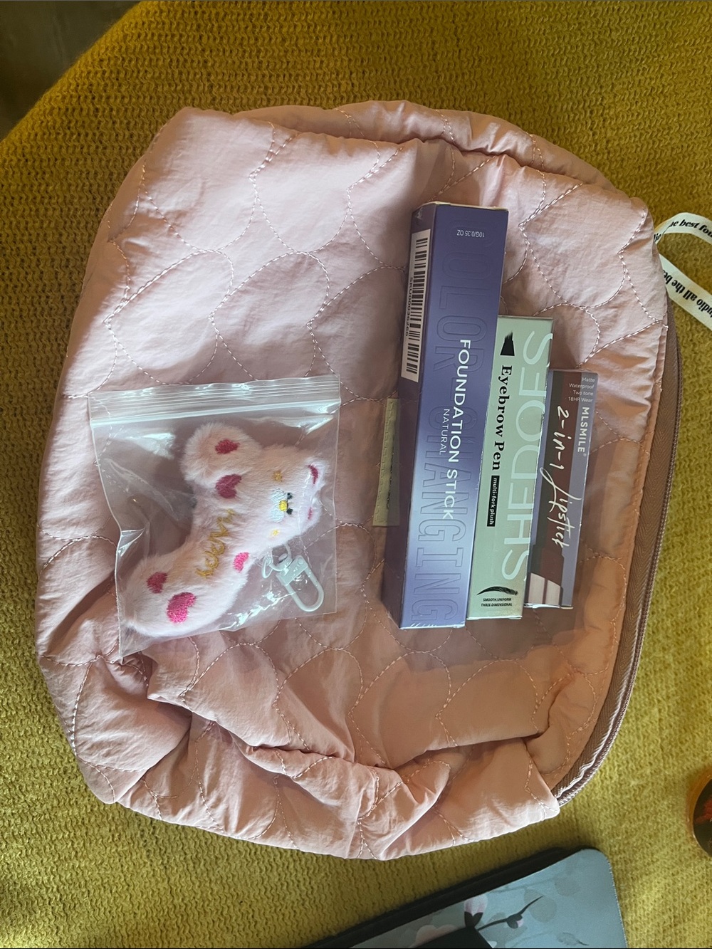 Pink Quilted Makeup pouch - Soft Pink with makeup. New